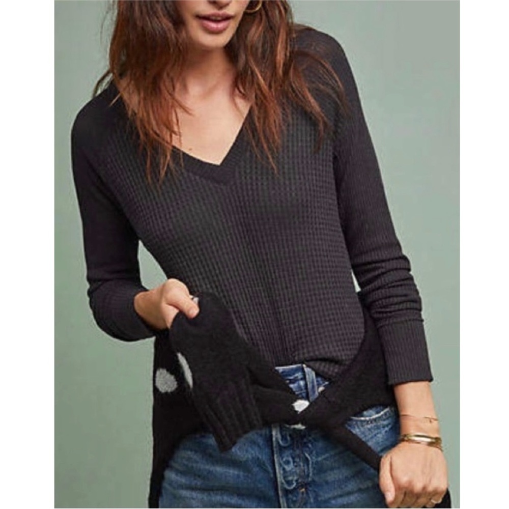 Anthropologie Maeve Pearson Waffle Thermal Knit V-Neck Tee Boho Black XS